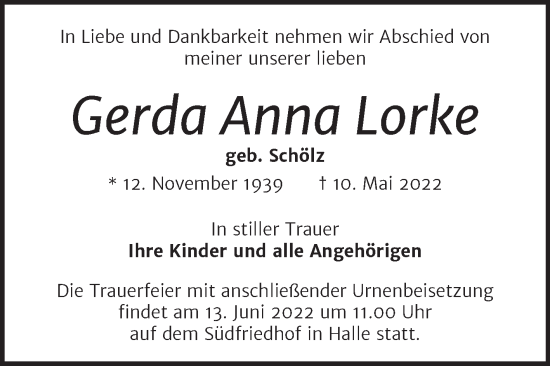 Traueranzeige von Gerda Anna Lorke von Mitteldeutsche Zeitung Halle/Saalkreis