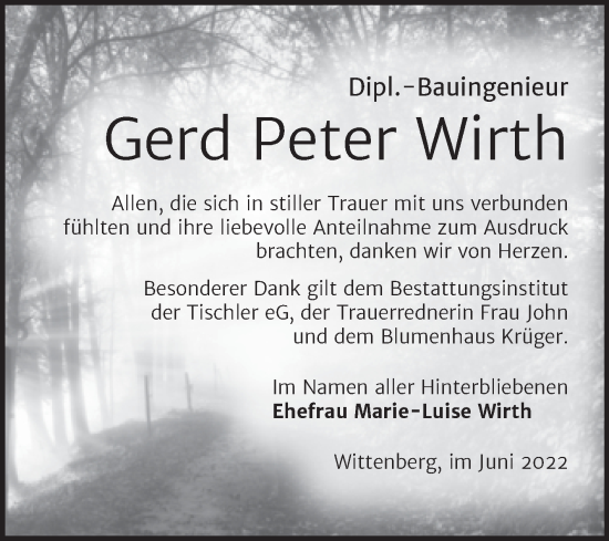 Traueranzeige von Gerd Peter Wirth von Trauerkombi Wittenberg