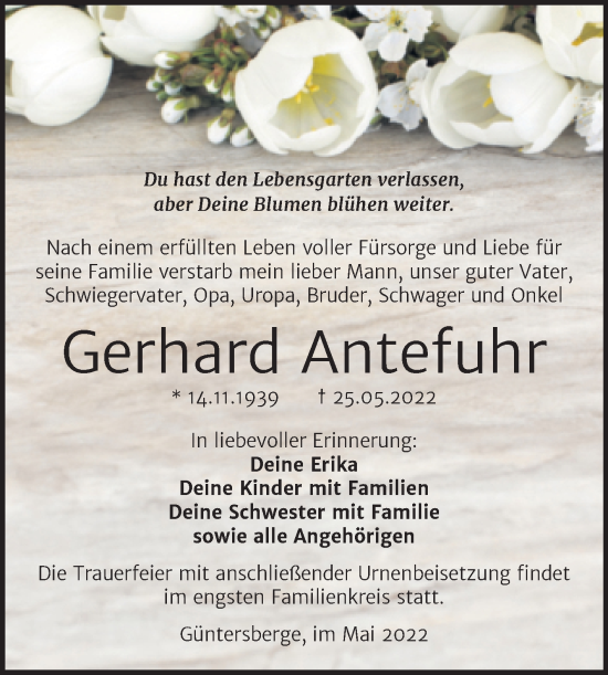 Traueranzeige von Gerhard Antefuhr von Trauerkombi Quedlinburg
