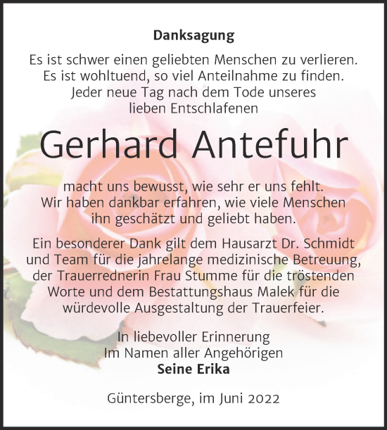 Traueranzeige von Gerhard Antefuhr von Trauerkombi Quedlinburg