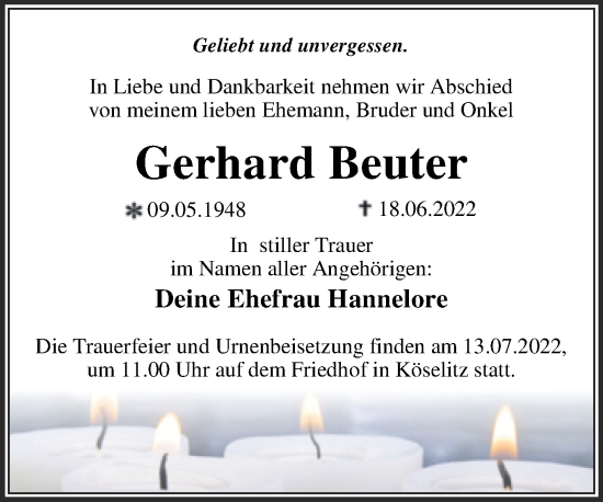 Traueranzeige von Gerhard Beuter von Trauerkombi Wittenberg