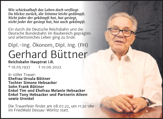 Traueranzeige von Gerhard Büttner von Trauerkombi Dessau