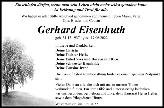 Traueranzeige von Gerhard Eisenhuth von Trauerkombi Quedlinburg