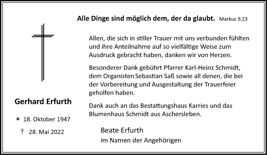 Traueranzeige von Gerhard Erfurth von Trauerkombi Aschersleben