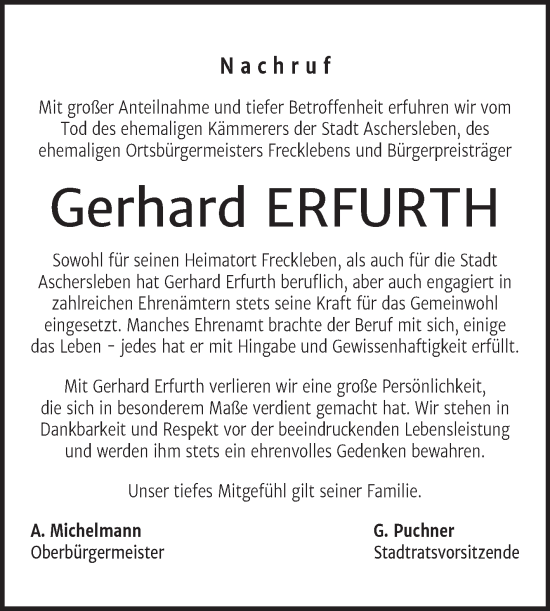 Traueranzeige von Gerhard Erfurth von Wochenspiegel Aschersleben