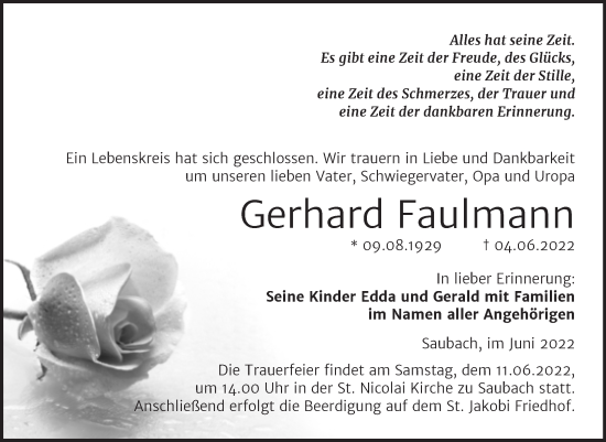 Traueranzeige von Gerhard Faulmann von Naumburger Tageblatt