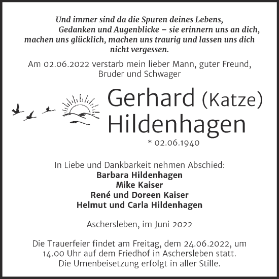 Traueranzeige von Gerhard Hildenhagen von Trauerkombi Aschersleben