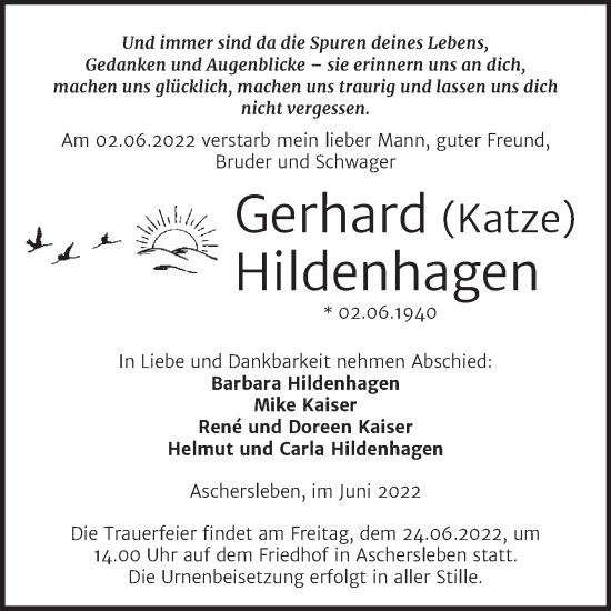 Traueranzeige von Gerhard Hildenhagen von Super Sonntag Aschersleben