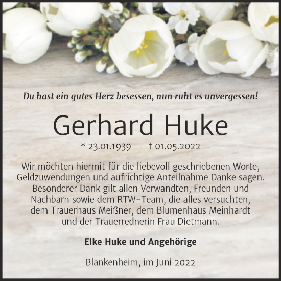 Traueranzeige von Gerhard Huke von Trauerkombi Sangerhausen