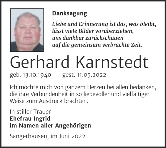 Traueranzeige von Gerhard Karnstedt von Trauerkombi Sangerhausen
