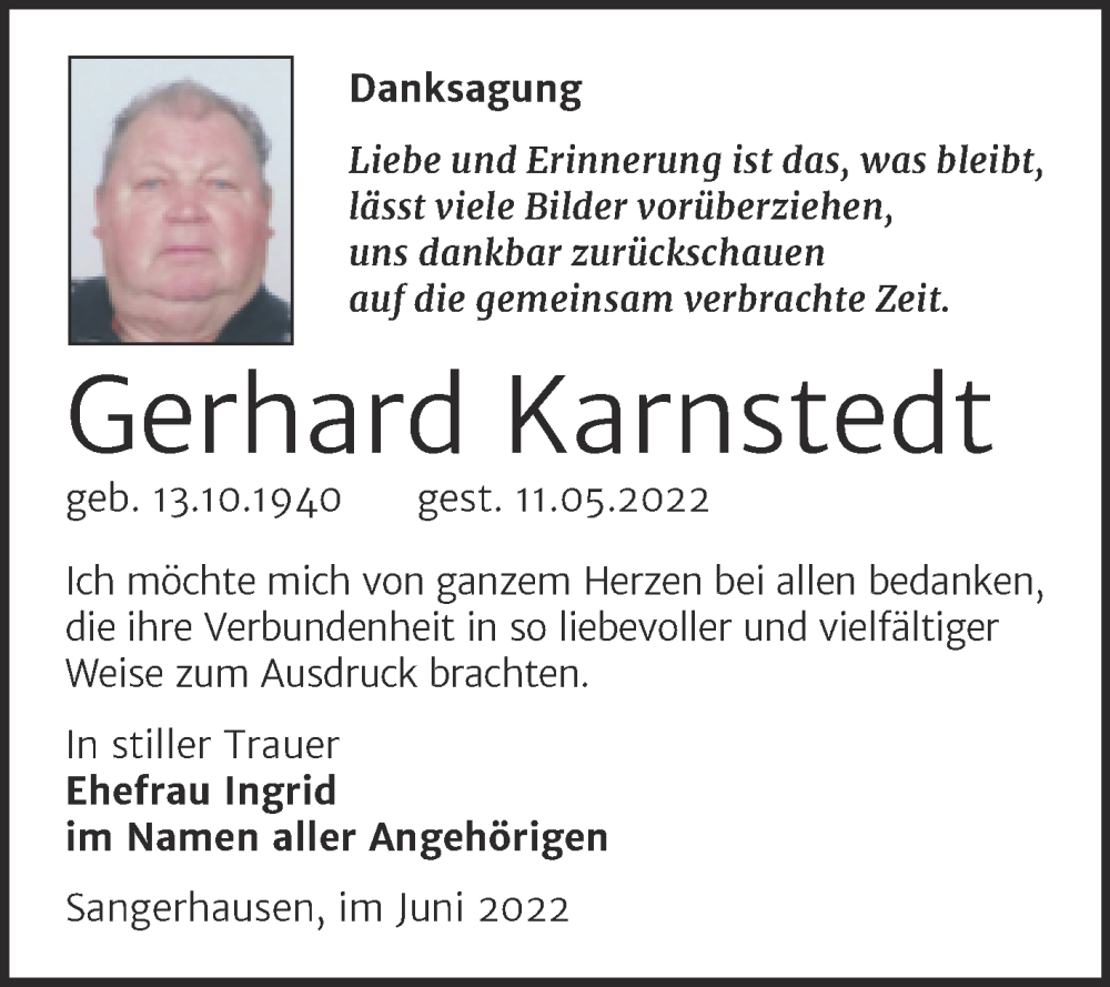  Traueranzeige für Gerhard Karnstedt vom 18.06.2022 aus Trauerkombi Sangerhausen