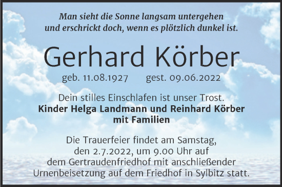Traueranzeige von Gerhard Körber von Mitteldeutsche Zeitung Halle/Saalkreis