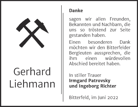 Traueranzeige von Gerhard Liehmann von Trauerkombi Bitterfeld