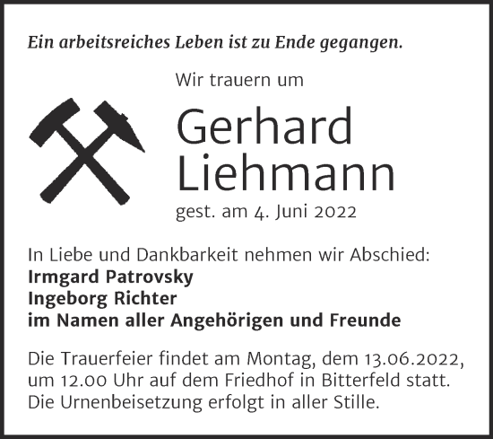Traueranzeige von Gerhard Liehmann von Trauerkombi Bitterfeld