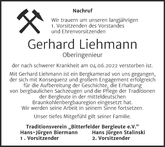 Traueranzeige von Gerhard Liehmann von Trauerkombi Bitterfeld