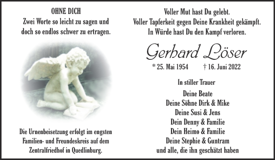 Traueranzeige von Gerhard Löser von Trauerkombi Quedlinburg