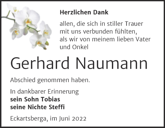 Traueranzeige von Gerhard Naumann von Naumburger Tageblatt