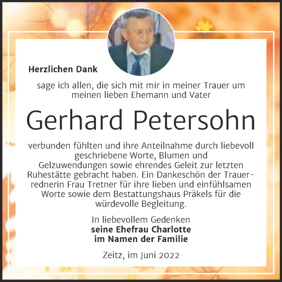 Traueranzeige von Gerhard Petersohn von Trauerkombi Zeitz