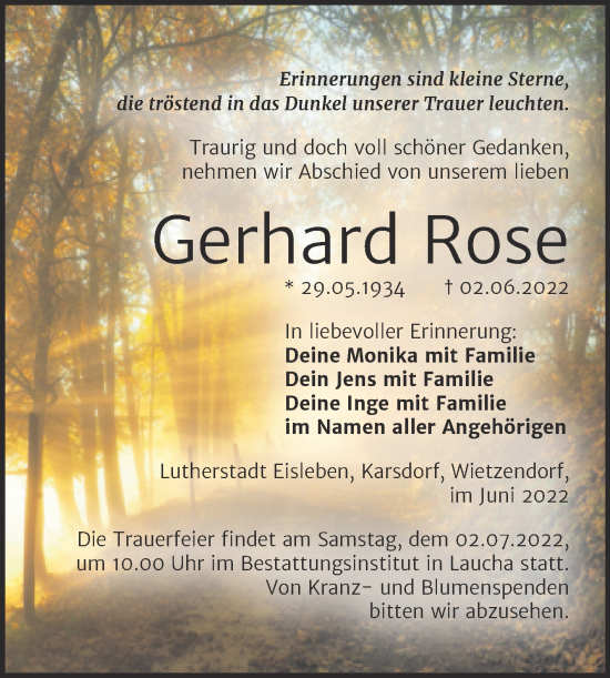 Traueranzeige von Gerhard Rose von Naumburger Tageblatt