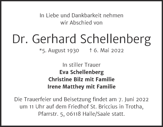 Traueranzeige von Gerhard Schellenberg von Mitteldeutsche Zeitung Halle/Saalkreis