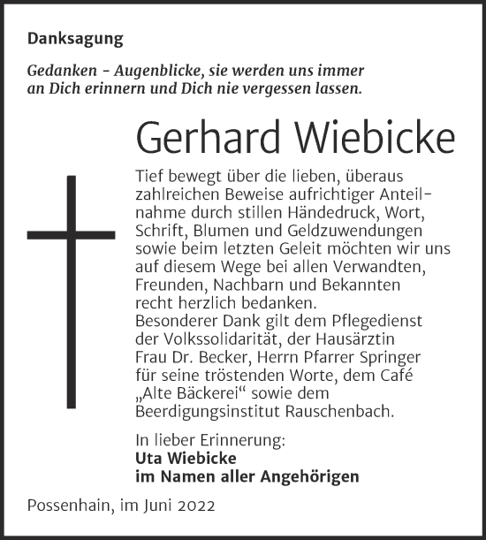 Traueranzeige von Gerhard Wiebicke von Wochenspiegel Naumburg/Nebra