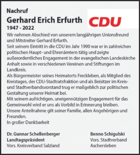 Traueranzeige von Gerhard Erich Erfurth von Mitteldeutsche Zeitung Aschersleben