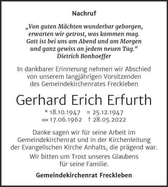 Traueranzeige von Gerhard Erich Erfurth von Super Sonntag Aschersleben