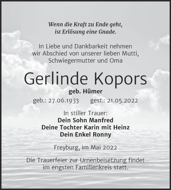 Traueranzeige von Gerlinde Kopors von Wochenspiegel Naumburg/Nebra
