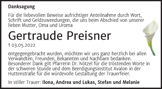 Traueranzeige von Gertraude Preisner von Mitteldeutsche Zeitung Halle/Saalkreis