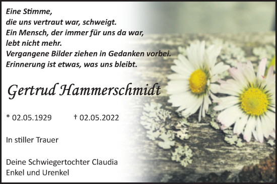 Traueranzeige von Gertrud Hammerschmidt von Trauerkombi Bitterfeld