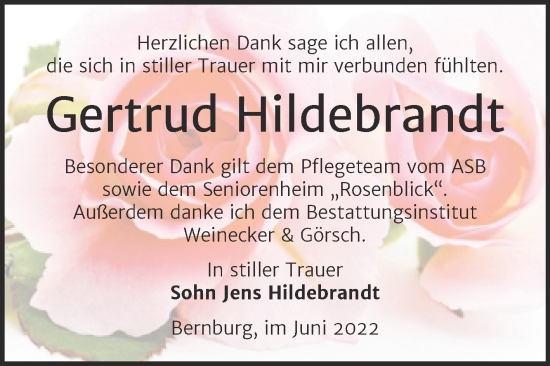 Traueranzeige von Gertrud Hildebrandt von Trauerkombi Bernburg