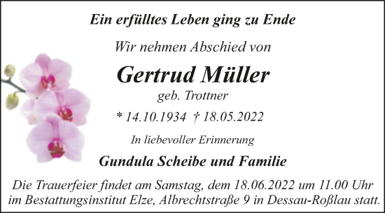 Traueranzeige von Gertrud Müller von Trauerkombi Dessau