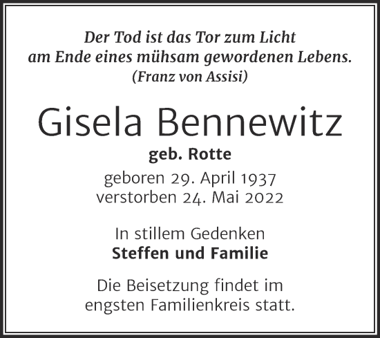 Traueranzeige von Gisela Bennewitz von Mitteldeutsche Zeitung Halle/Saalkreis