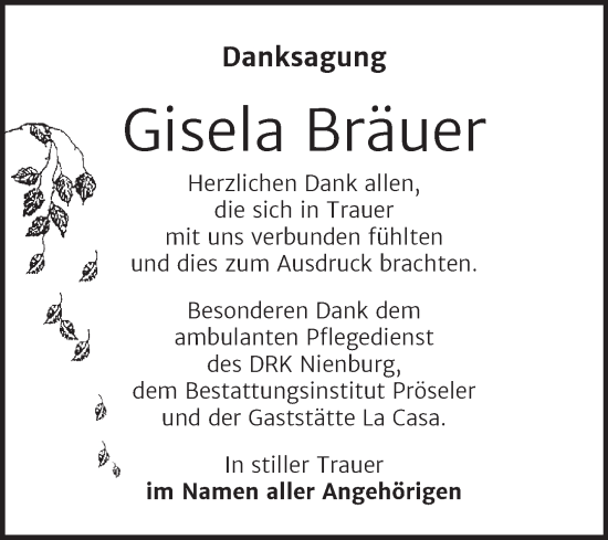 Traueranzeige von Gisela Bräuer von Trauerkombi Bernburg