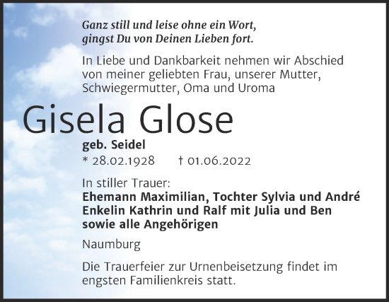 Traueranzeige von Gisela Glose von Wochenspiegel Naumburg/Nebra