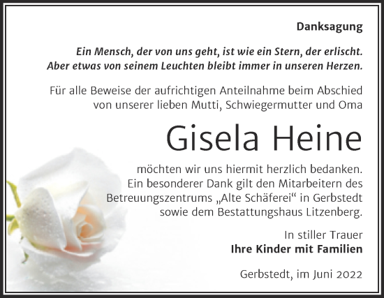 Traueranzeige von Gisela Heine von Trauerkombi Mansfelder Land