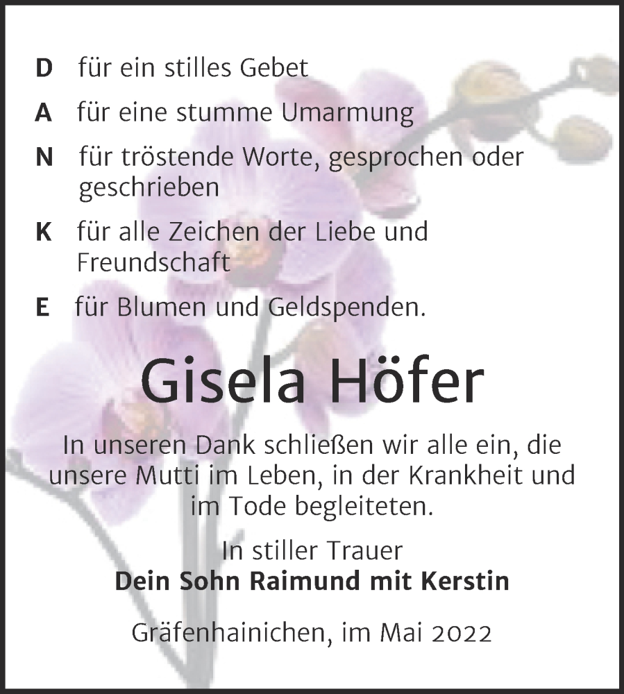  Traueranzeige für Gisela Höfer vom 08.06.2022 aus Trauerkombi Bitterfeld
