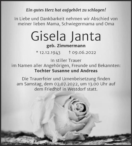 Traueranzeige von Gisela Janta von Trauerkombi Aschersleben
