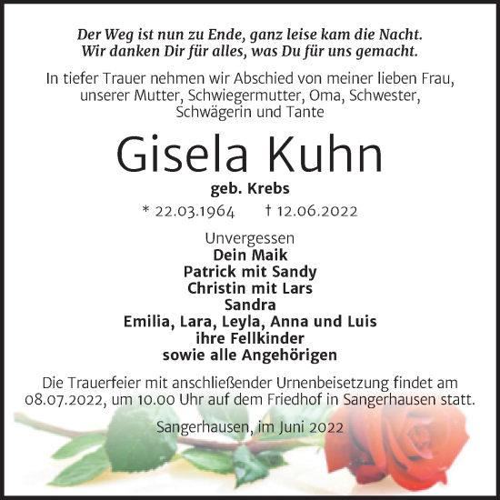 Traueranzeige von Gisela Kuhn von Trauerkombi Sangerhausen