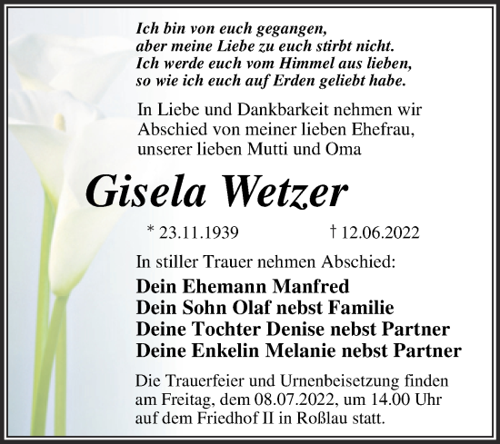 Traueranzeige von Gisela Wetzer von Trauerkombi Dessau