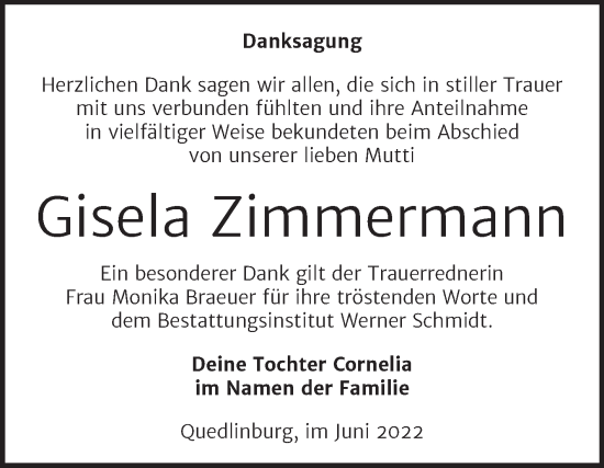 Traueranzeige von Gisela Zimmermann von Trauerkombi Quedlinburg