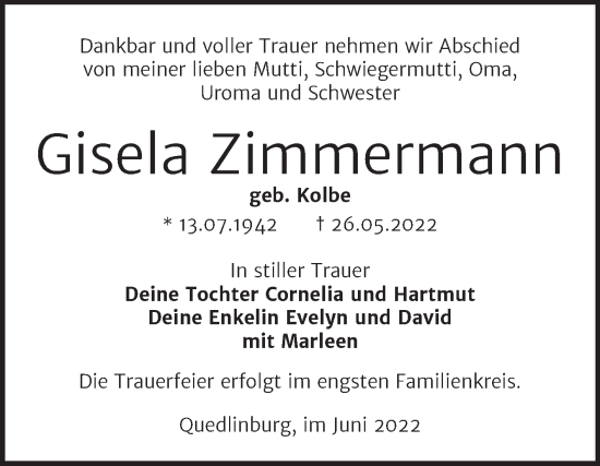 Traueranzeige von Gisela Zimmermann von Trauerkombi Quedlinburg