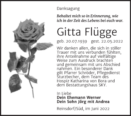Traueranzeige von Gitta Flügge von Trauerkombi Wittenberg