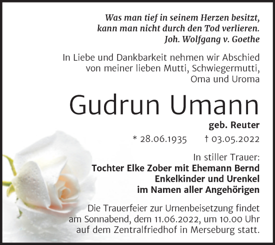 Traueranzeige von Gudrun Umann von Trauerkombi Merseburg