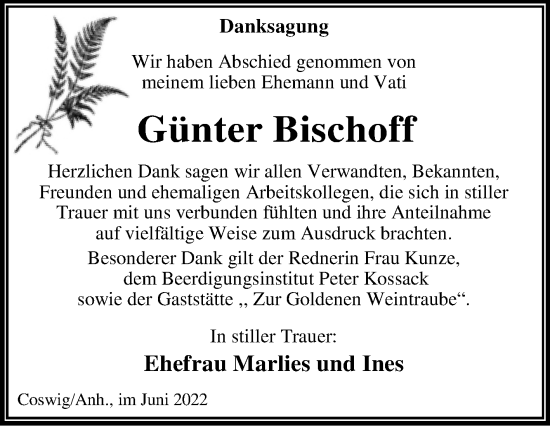 Traueranzeige von Günter Bischoff von Trauerkombi Dessau