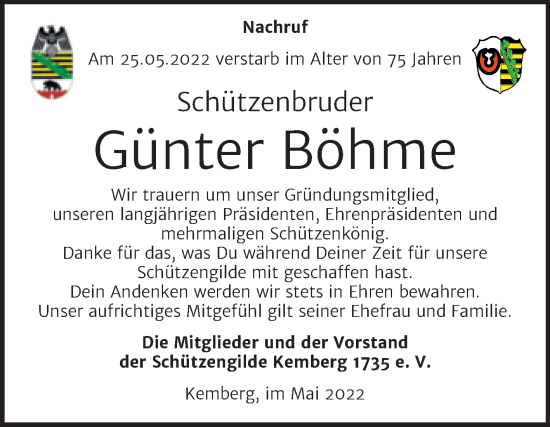 Traueranzeige von Günter Böhme von Super Sonntag Wittenberg