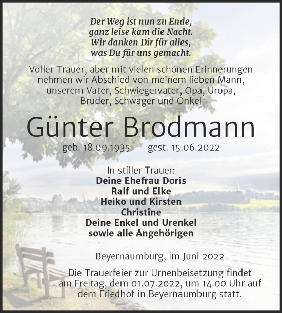 Traueranzeige von Günter Brodmann von Trauerkombi Sangerhausen