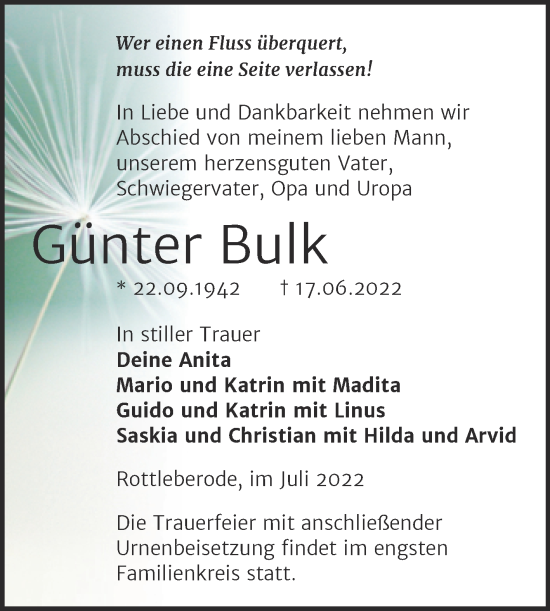 Traueranzeige von Günter Bulk von Trauerkombi Sangerhausen