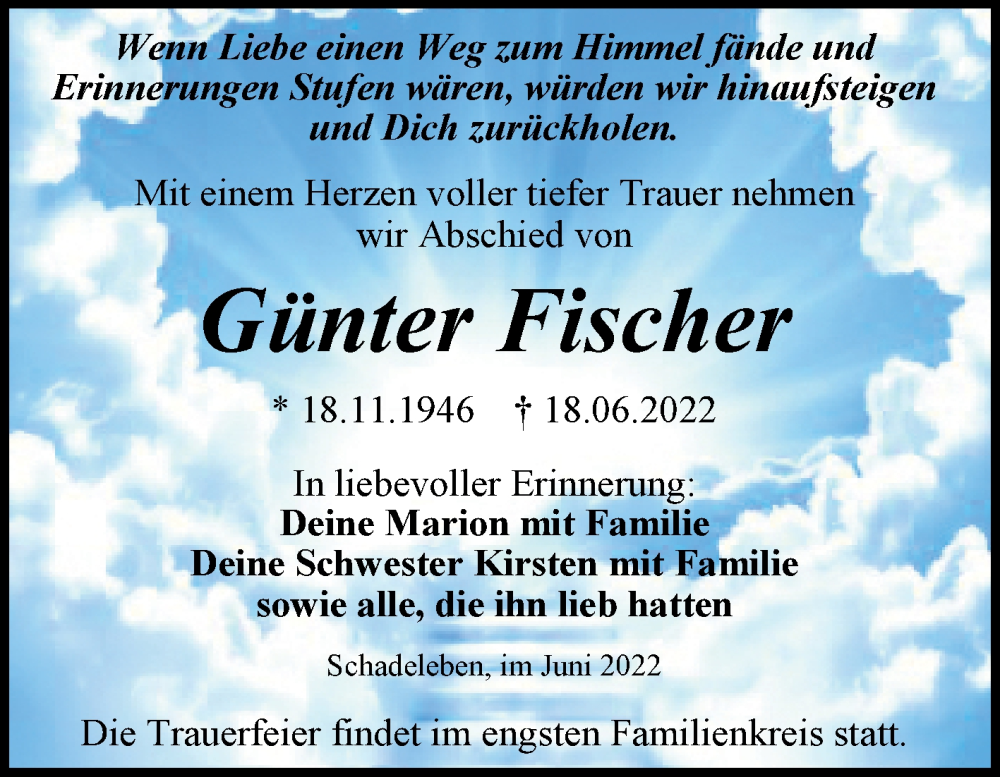  Traueranzeige für Günter Fischer vom 22.06.2022 aus Trauerkombi Aschersleben