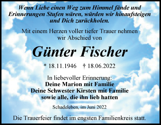 Traueranzeige von Günter Fischer von Trauerkombi Aschersleben